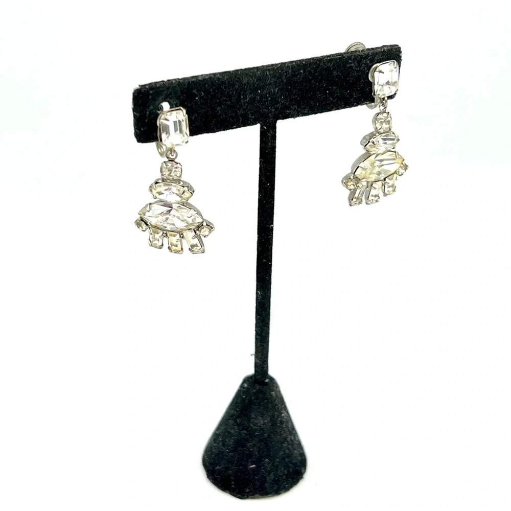 Vintage rhinestone clip on dangle silver costume earrings